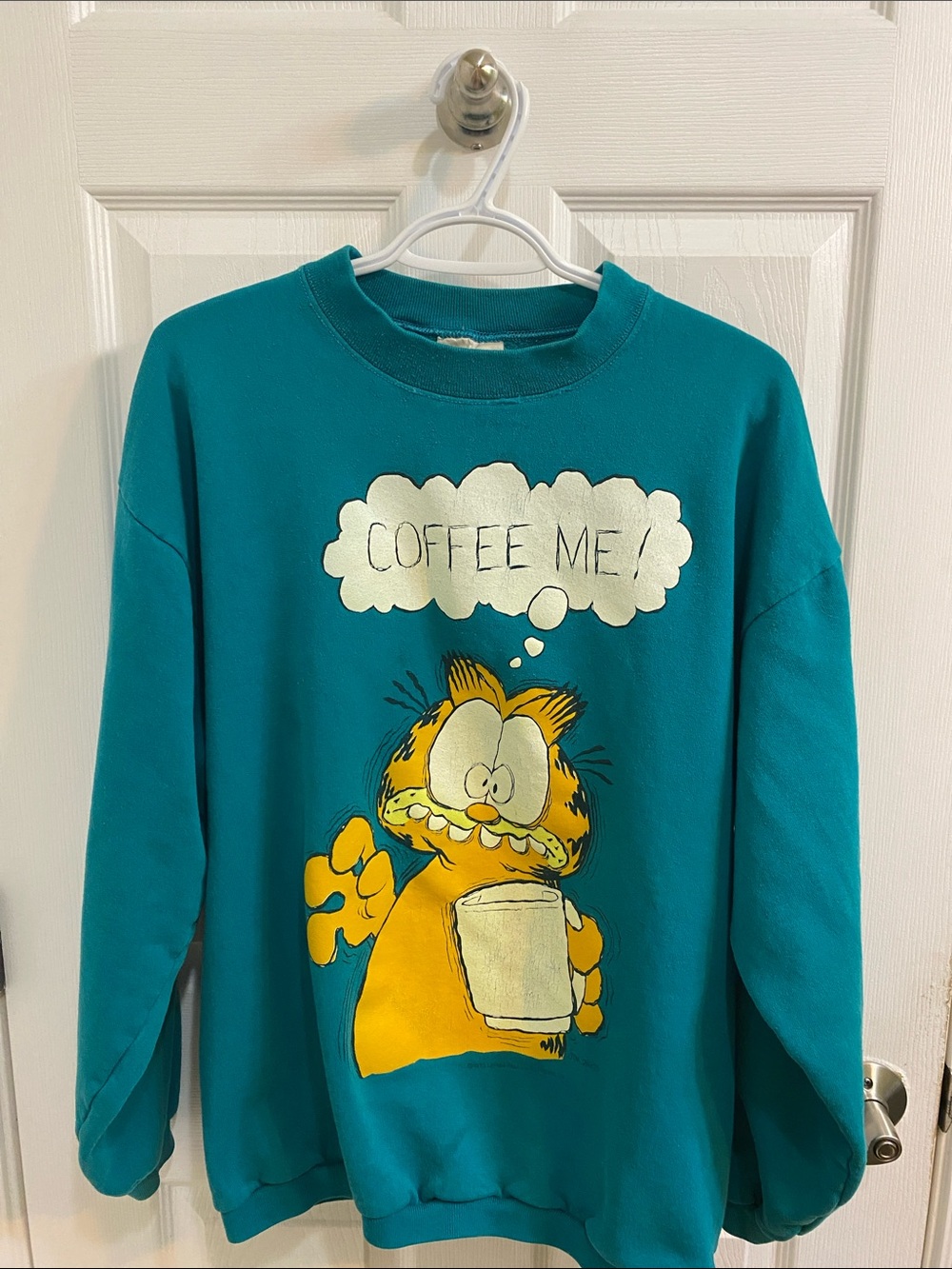 Vintage 80’s Garfield Teal Crewneck Men’s XL “coffee Me” Funny Print Jim Davis